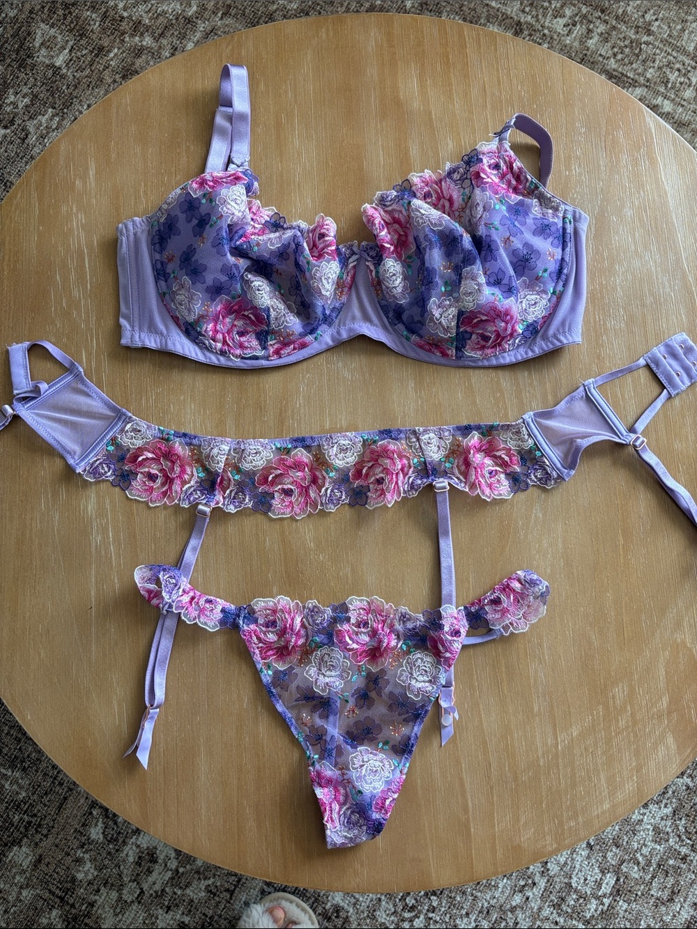 Victoria's Secret Lavender Floral Lace Balconette Bra & Garter Thong Set